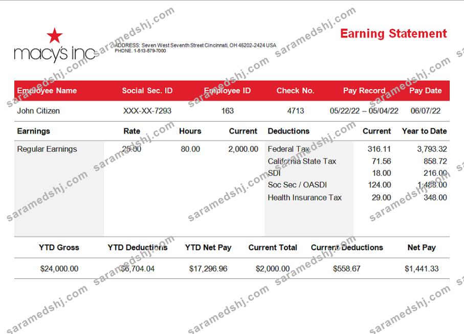 USA retail company earning statement template in Word and PDF format, version 3
